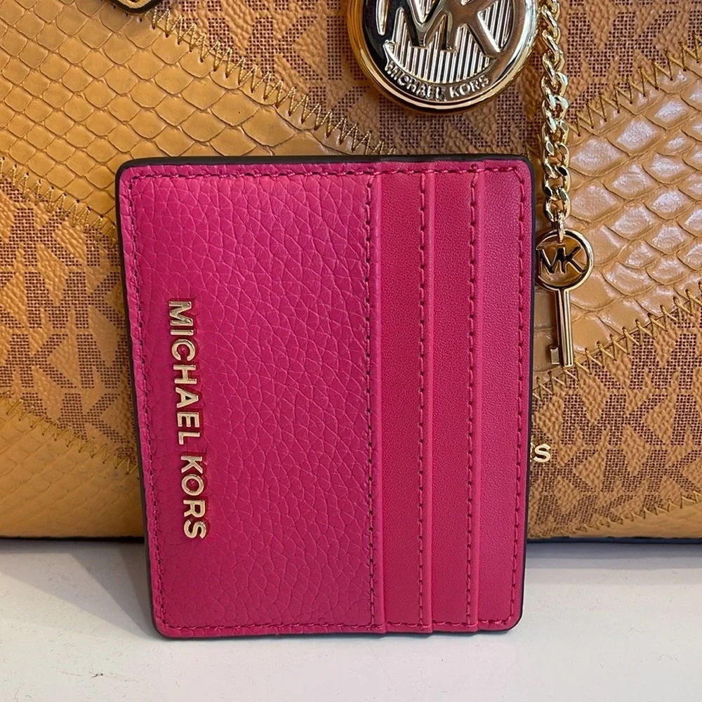 MICHAEL KORS Large Pebbled Leather Card Holder Case Electric Pink NWT